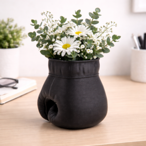 boxing glove vase & pen stand – matte black desk organizer