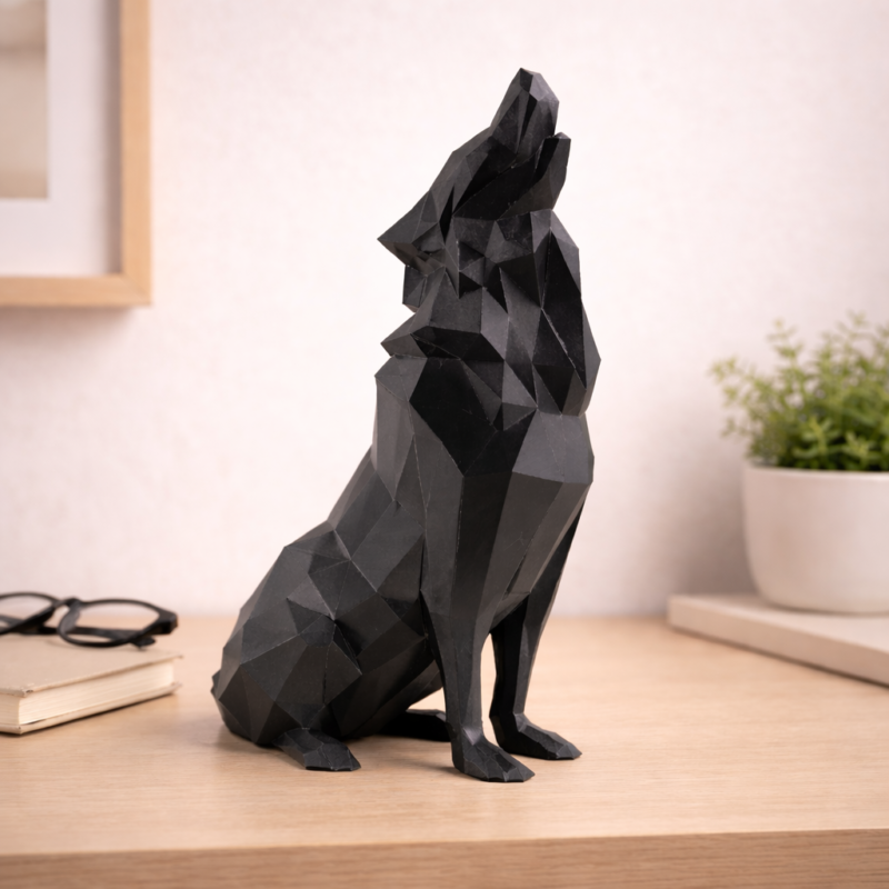 premium geometric howling wolf statue – black polygon showpiece