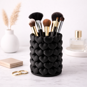 3d heart texture makeup brush & pen holder – sleek desk organizer (matte black)