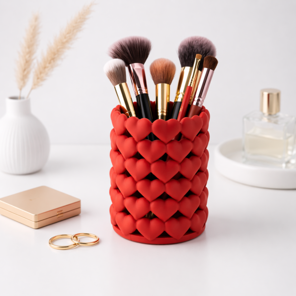 3d heart texture pen & makeup brush holder – romantic desk organizer (red)