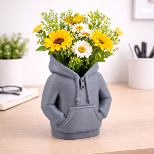 quirky hoodie vase & pen stand – aesthetic desk organizer (matte grey)