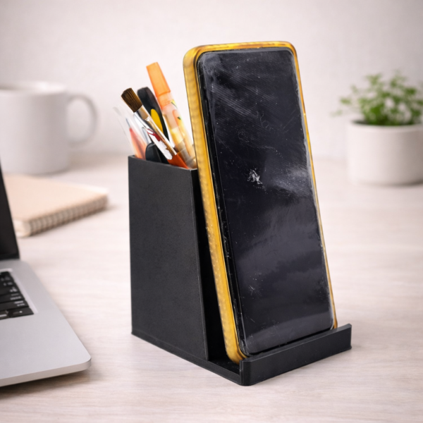 2 in 1 mobile phone stand & pen holder – minimalist desk organizer (matte black)