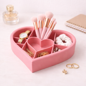 premium 9 slot heart makeup & jewelry organizer – vanity tray (pastel pink)