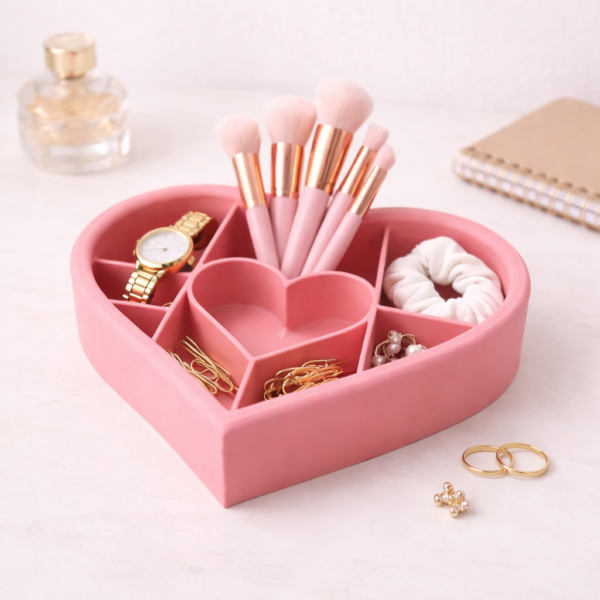 premium 9 slot heart makeup & jewelry organizer – vanity tray (pastel pink)