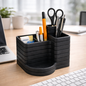 premium 5 compartment desk organizer & pen stand – modern office setup (matte black)