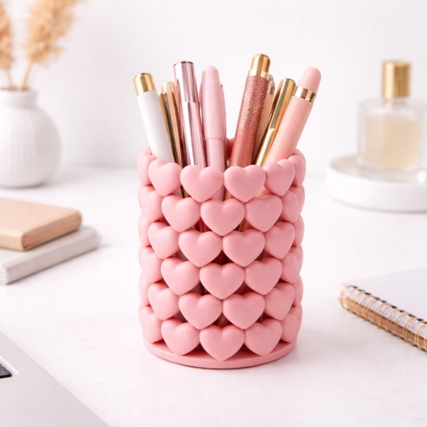 heart texture makeup brush & pen holder – cute desk organizer (pastel pink)