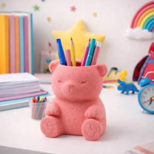 cute teddy bear pen holder – textured kids desk organizer (pastel pink)