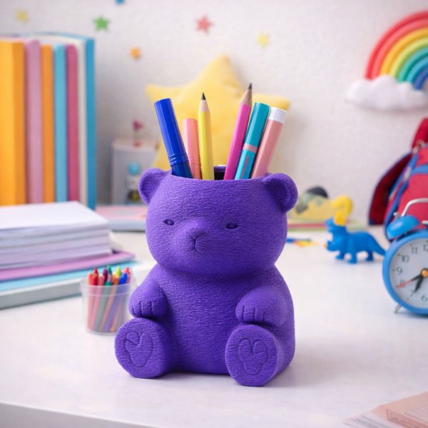 cute teddy bear pen holder – textured kids desk organizer (vibrant purple)