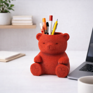 cute teddy bear pen holder – textured kids desk organizer (vibrant red)