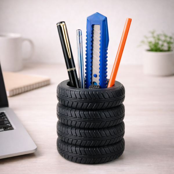 stacked tire pen stand & desk organizer – unique decor for car lovers (matte black)