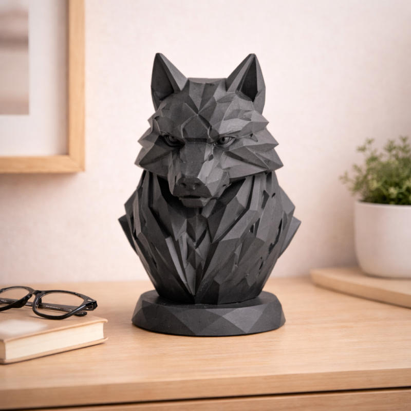 geometric thunder wolf bust – matte black polygon wolf sculpture geometric thunder wolf bust – matte black polygon wolf sculpture